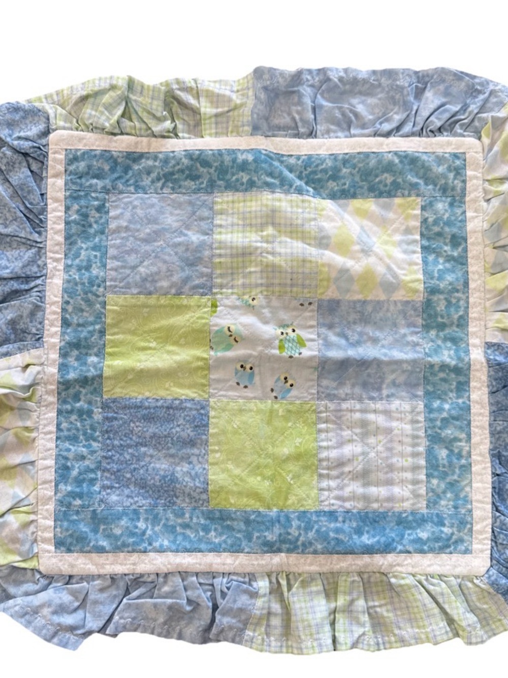 Hand Quilted Pillow Cover 13x13 Blue Green Patchwork Ruffled Edge Cottagecore